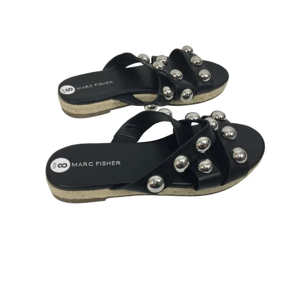 Marc Fisher Prisca Espadrille Silver Studded Slip On Slides Sandals Black Size 8